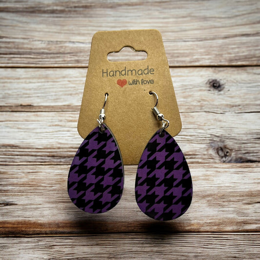 JenDore Purple Print Wooden TearDrop Earrings