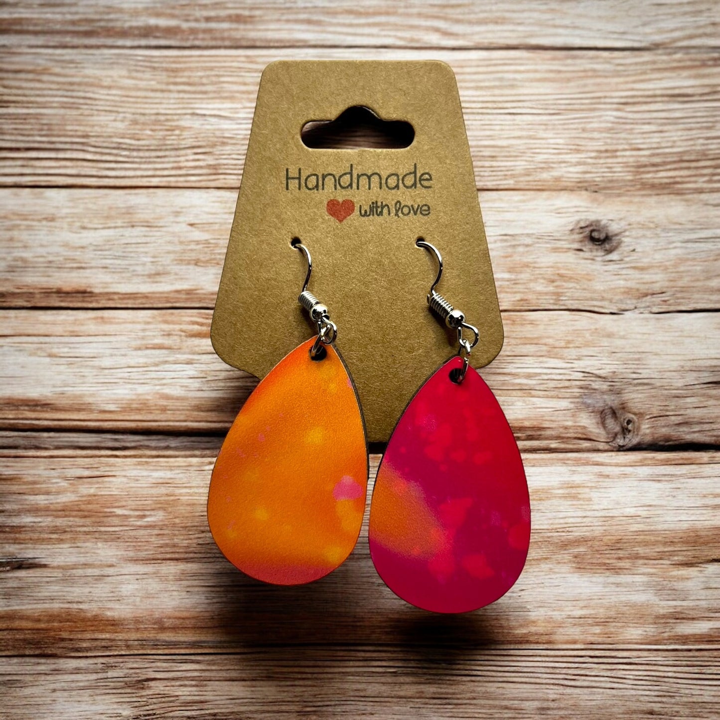 JenDore Orange Pink Sunset Print Wooden TearDrop Earrings