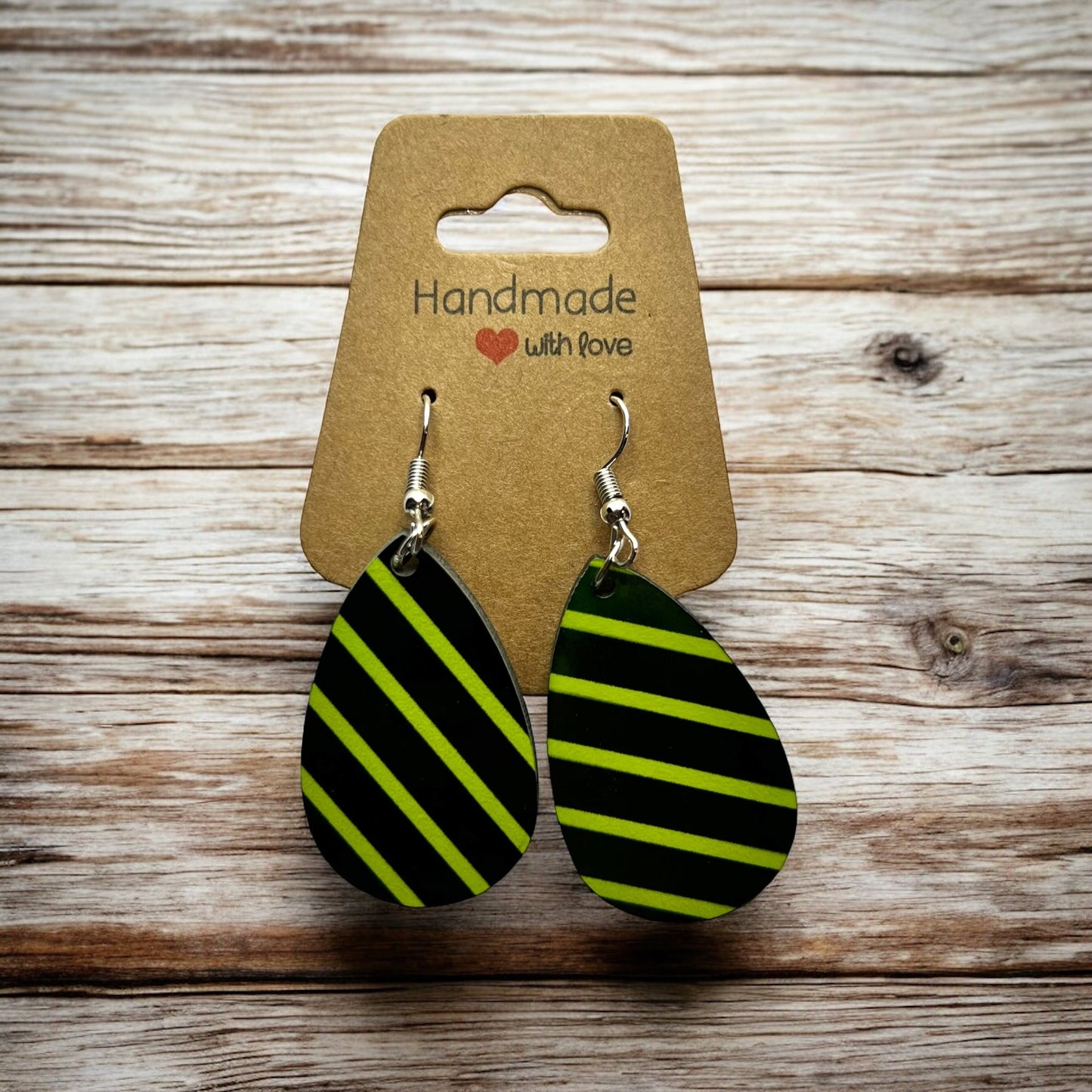 JenDore Lime Green Black Striped Print Wooden TearDrop Earrings