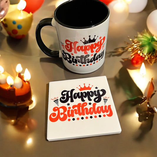 Coffret cadeau tasse et sous-verre rouge et noir JenDore Happy Birthday