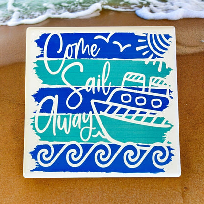 JenDore " Come Sail With Me " Blue Teal Nautical Themed Square Ceramic Coaster