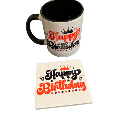 Coffret cadeau tasse et sous-verre rouge et noir JenDore Happy Birthday