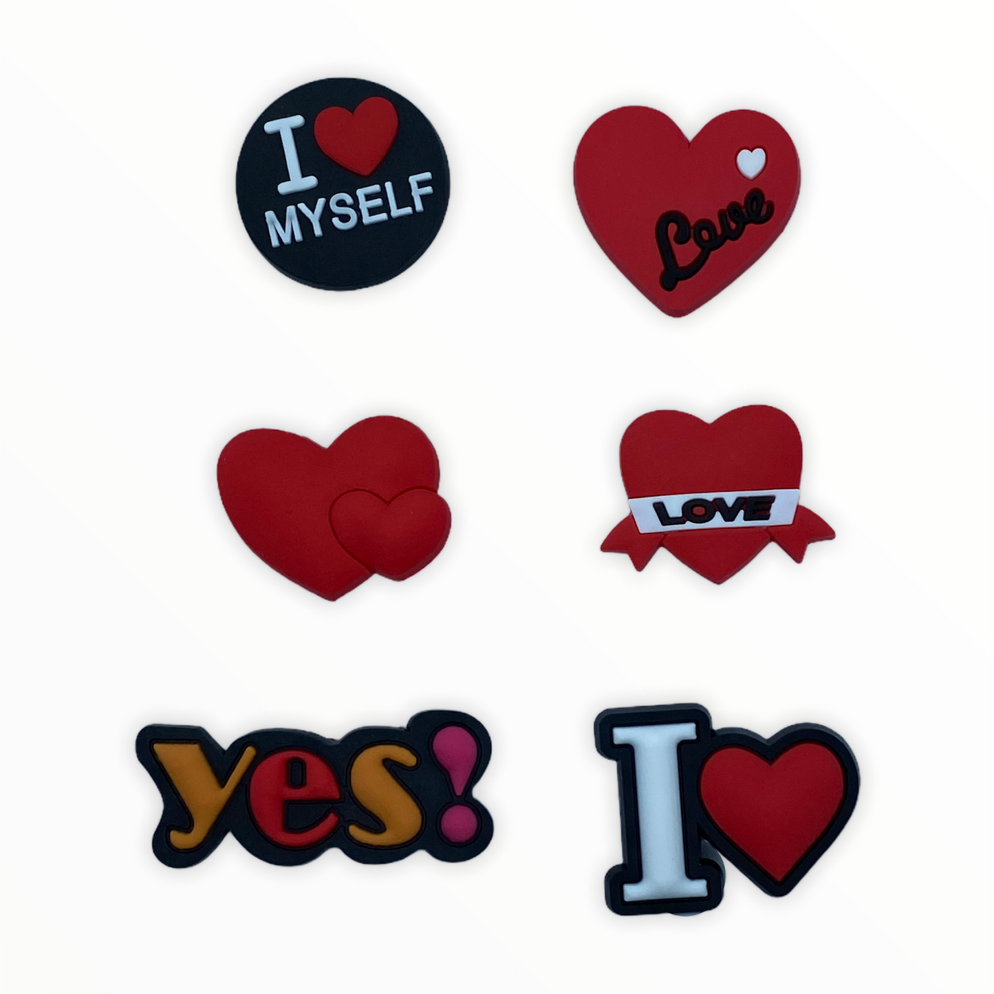 JENDORE Lote de 6 piezas I Love Myself Hearts Charms para zapatos para pulseras o zuecos 