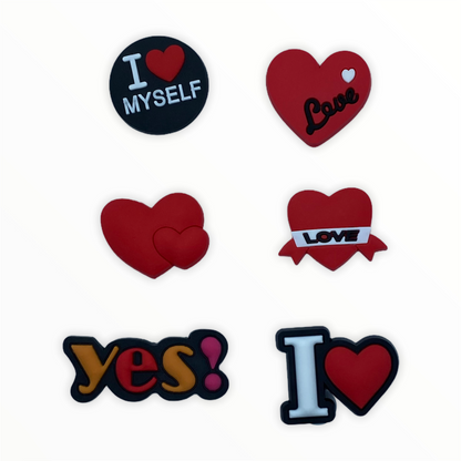 JENDORE Lote de 6 piezas I Love Myself Hearts Charms para zapatos para pulseras o zuecos 