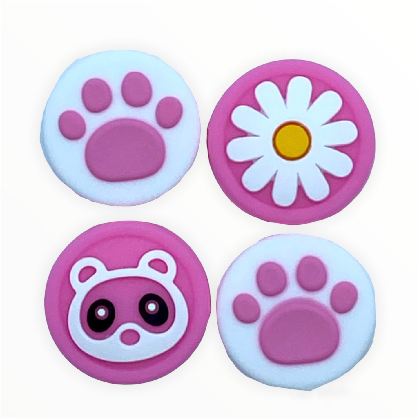 Jendore Rose Blanc 4Pcs Patte Fleur Raton Laveur Animal Crossing Silicone Thumb Grip Caps pour Nintendo Switch