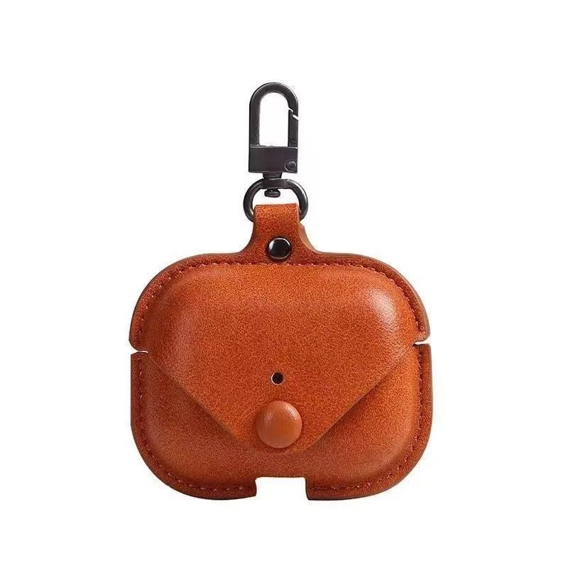 JenDore Tan Leather Button Protective Carrying Pouch Case Cover with Keychain for AirPods Pro