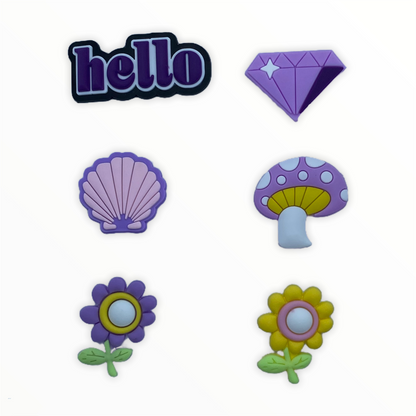 JENDORE 6 piezas Lote Hello Purple Shoe Charms para pulseras o zuecos